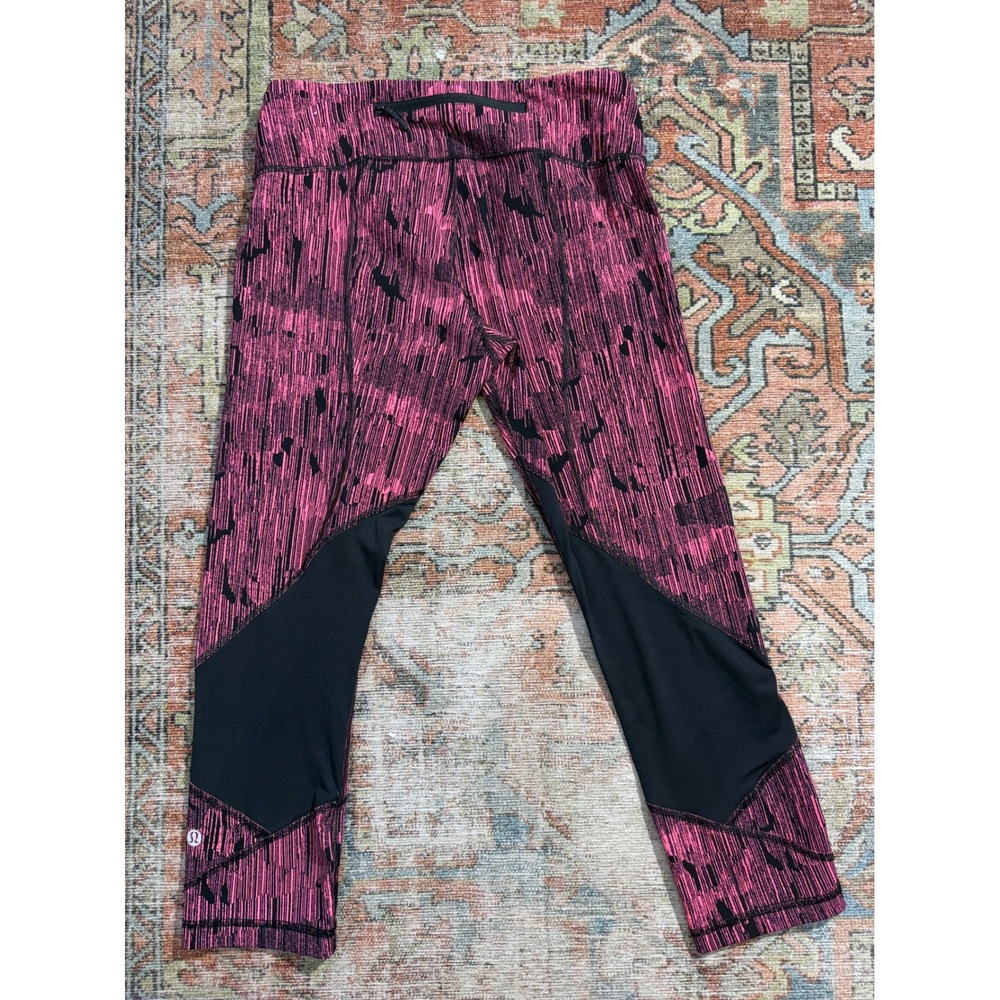 Lululemon Pink Black Static Print Mesh Crop Running Leggings Size 6